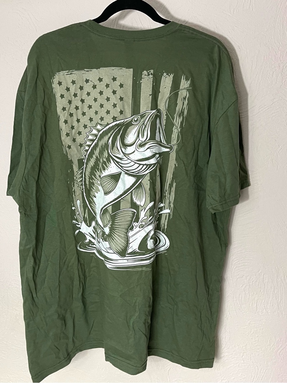Gildan Olive Green Short Sleeve Tee with White Fishing Graphic